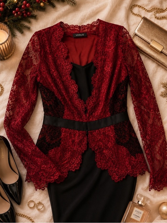 VENUS Jackets & Blazers - VENUS Red Lace Sheer Sleeve Holiday Blazer Jacket